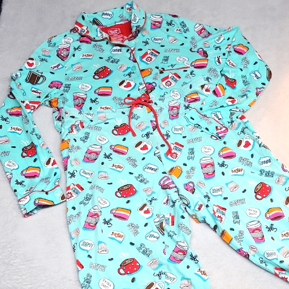 Womens Pillow Talk Coffee Motif Cotton 2 Piece Pajama Set  Size XL